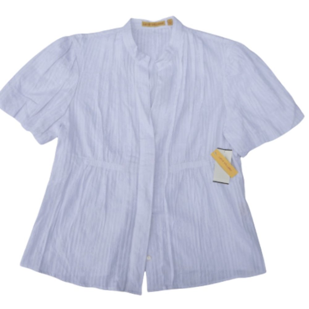 NEW Lloyd Williams Embroidered White Cotton Blouse Band Collar Puff Pintuck L